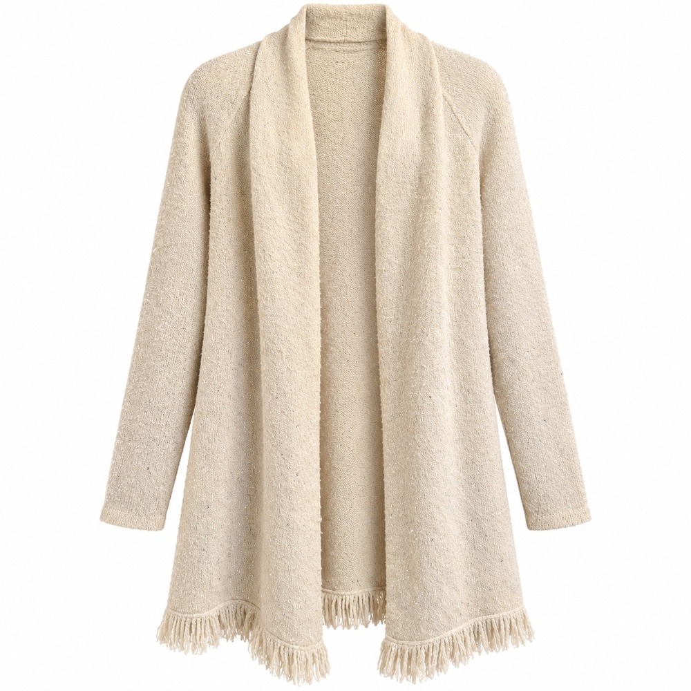 Lilly Pulitzer Sequin Fringe Open Front Cardigan Sweater Beige Oatmeal Medium - Picture 2 of 5